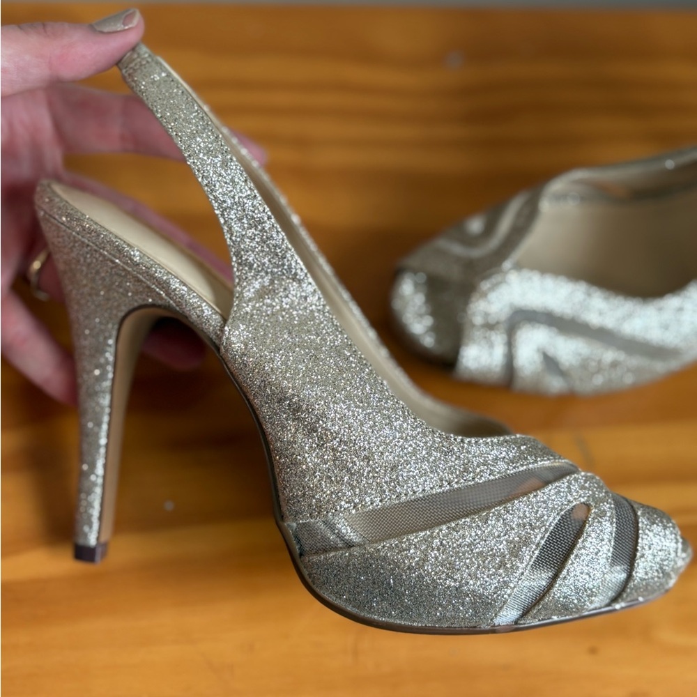Lulu Townsend Silver Glitter Heels with Peep-Toe Design - Picture 5 of 6